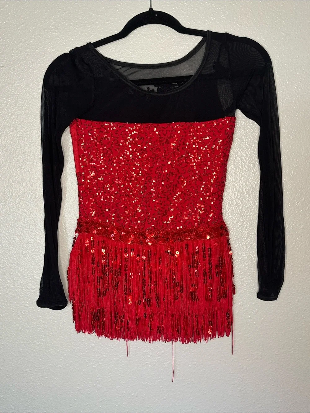 Weissman Red Sequin Fringe Tunic with Black Mesh Sleeves
